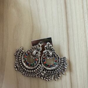 Silver-Tone Floral Hoop Earrings with Multicolor Stones